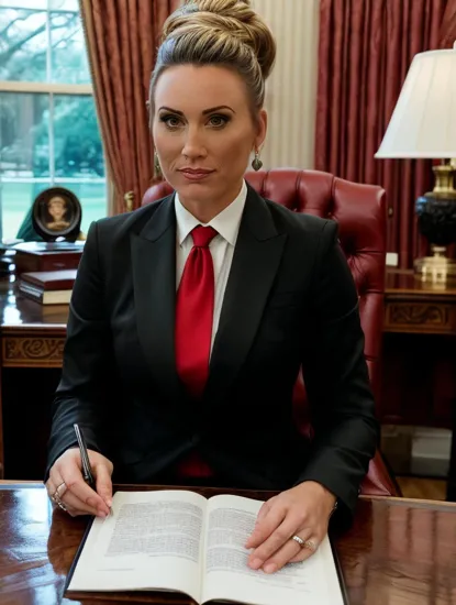 @Laura is the president of the United States. sitting in the oval office at her desk. she is wearing a black suit and red tie. her hair is pulled up tight in a bun.