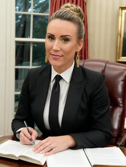 @Laura is the president of the United States. sitting in the oval office at her desk. she is wearing a black suit and red tie. her hair is pulled up tight in a bun.