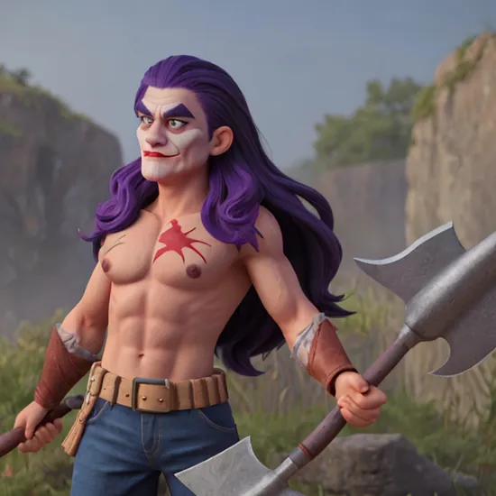 the joker, long hair, strong warrior, holding axe, fog, detailed skin, skin pores, scar,