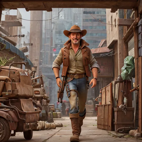 In a cyberpunk world where technology reigns supreme, the legendary archaeologist and adventurer, man, Indiana Jones, archaeologist hat, emerges as a daring explorer in this cyberpunk reimagining, blending his rugged charm with the futuristic aesthetics of the genre  powerarm, glowing, mechanical arms  