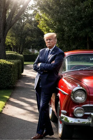 Resolute man Donald Trump, dark slicked-back hair, striped knit sweater, arms crossed, standing before a vintage red car, sunlight casts sharp shadows, outdoor setting with hints of greenery, confident stance, the intensity of the scene highlighted by the strong contrast between light and shadow.