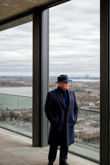 Urban explorer Donald Trump, beige fedora, turtleneck, navy overcoat, modern cityscape backdrop, indirect daylight, looking away, confidence in posture, elements of style and sophistication, high contrast, outdoor setting, a narrative of travel or urban life.