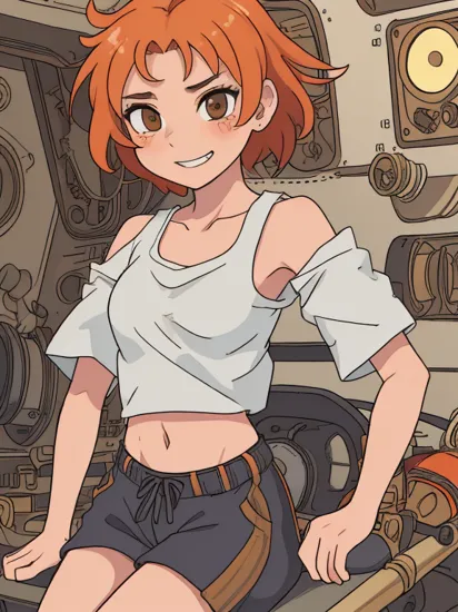 Edward,  tan skin, tomboy, midriff, orange hair, (white loose shirt), off shoulder, spiked hair, barefoot, bike shorts, brown eyes, goggles on head, blush stickers, grin,  upper body, lounging, 
space station, engine room, 
 (insanely detailed, beautiful detailed face, masterpiece, best quality)  volumetric lighting, best quality, masterpiece, intricate details, tonemapping, sharp focus, hyper detailed <lora:Edward-06:0.8>