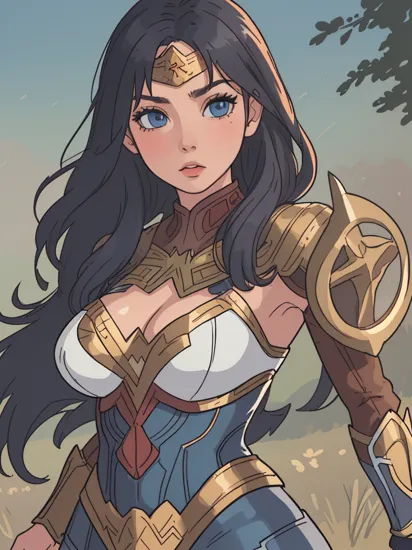 8k, best quality, real picture, intricate details, ultra-detailed, ultra highres, depth field,(photorealistic,realistic:1.2), masterpiece,photo of 1girl, wonder woman, armor, leotard, cleavage, sword, superhero, standing, powerful, realistic, blue eyes, black hair, lips, makeup, long hair,  makeup, muscular, solo, grass, meadow background,
best quality, realistic, photorealistic, (intricate details:1.2), (delicate detailed), (cinematic light), clear line, sharp focus, realistic face, detailed face 