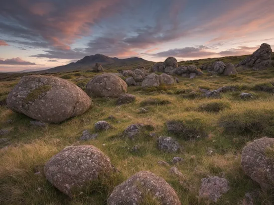colour photo of a wild and abandoned landscape with nodule granite boulders at sunset, lichen, enigmatic, inspiring, heavenly, ancient, dreamy, intricate textures, windswept, heather, grasses, fluffy billowing clouded sky,  sunbeams, wilderness backdrop, exceptionally detailed, ultra quality, photorealistic, 8k, award winning, 20mm, landscape photography, high contrast, Adobe RGB, vibrant, HDR, all in focus