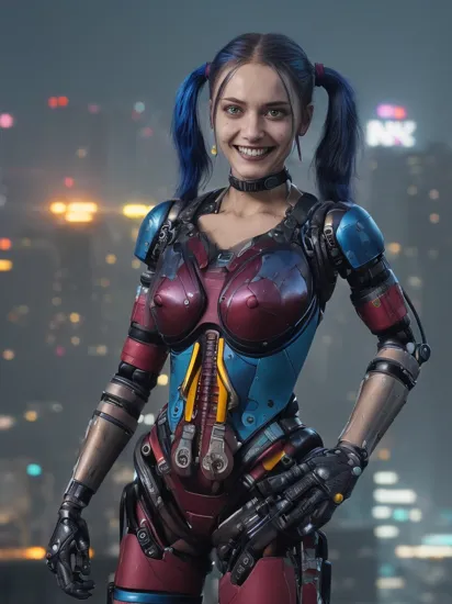 a portrait photography of (harley quinn:1.1) with ((blue and maroon dyed unkempt and messy hair and (two top ponytails on both sides of the head:1.1)), (having bionic arms:1.5) from cyberpunk 2077 game, face tattos, (maniacal grin showing teeth:1.1), holding a visible metal high striker hammer behind her head, ((standing on top of building with a neon bokeh city in the background at night with neon flying cars)), rugged looking, ((looking at viewer)), action pose, (wearing cyberpunk style ((maroon and blue metallic cyberpunk bodysuit with neon glowing tubes and lasers))), (perfect eyes:1.1),  perfect iris, identical eyes, identical iris, face to body proportion, golden ratio, symmetrical eyes, symmetrical iris, balanced eyes, sharp eyes, realistic eyes, perfect fingers