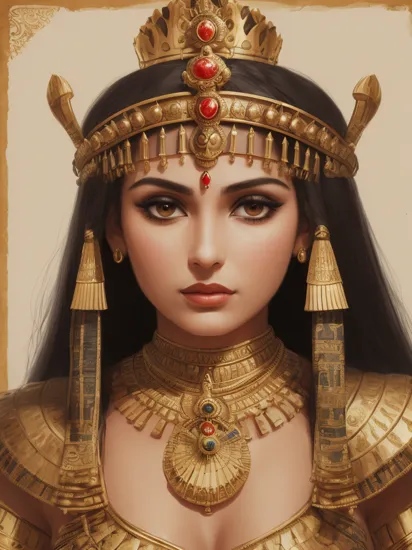sd-pulp of ktrna as Queen Cleopatra, medium close up, wearing crown, egyptian crown, high quality illustration, Style-Hamunaptra, movie poster   