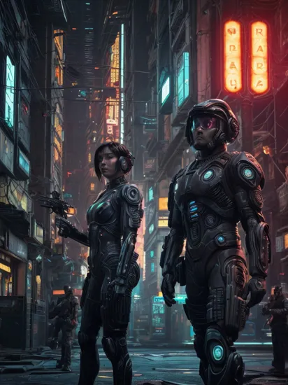 Two people, Cortana and Master Chief, (reimagined in a cyberpunk universe), (cyberpunk style), (cyberpunk), augmentation, cybernetics, glowing neon lights, cinematic scene, masterpiece, best quality, high quality, absurdres, vivid 
