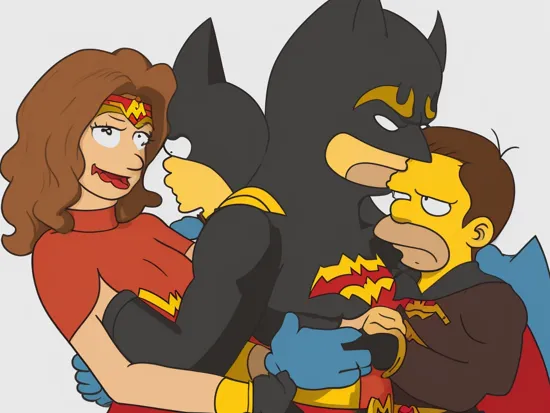 The Simpsons as Wonder Woman kissing Batman, simpstyle 