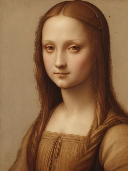 girl, portrait, (Leonardo da Vinci:1.1), painting_\(medium\), oil_painting_\(medium\), chalky_colors, low_contrast, washed_painting, lower_colors