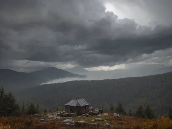 RAW photo, (cozy wooden camp:1.2), on steep mountain top,fireplace, rain shelter, postapocalyptic setting,(windy),autumn, far rain,storm sky, detailed multi volumetric storm clouds,  natural spooky light, perfect composition,(protected, cozy, sheltered:1.2),  (conceptual photography), diverse background,realistic, Dark Theme,  detailed,  (intricate mounain landscape:1.1),  epic landscape, 8k,  