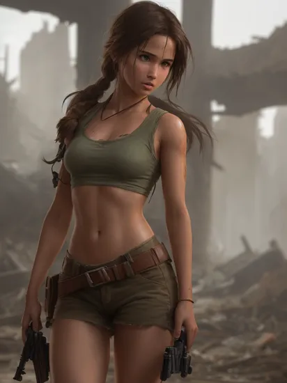cinematic still young lara croft in torn clothes, ruins at background . emotional, harmonious, vignette, highly detailed, high budget, bokeh, cinemascope, moody, epic, gorgeous, film grain, grainy
