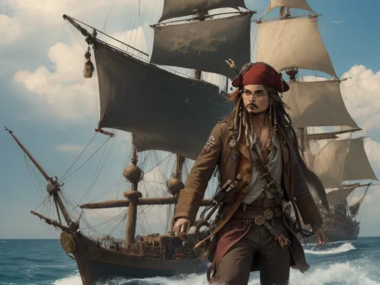 H4ck3rm4n film still Captain Jack Sparrow, shocked hackerman wearing glasses, pirate hat, small moustash, as Captain Jack Sparrow, vhs cinematic analog film still, action pose, cinematic lighting, sea ship backdrop