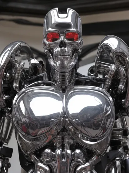 Maximalist, split head and body, chrome Terminator insides inside Arnold Schwarzenegger, inside Skynet factory