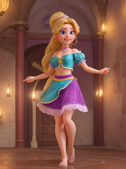 modelshoot style, (extremely detailed 8k wallpaper), a photo of a Disney princess Rapunzel (from Tangled), hair ribbon, ponytail, purple crop top,midriff,off shoulder straps, bare shoulders, hoop earrings, choker, skirt, looking at viewer, smiling, standing, inside a night club, holding a coktail glass filled with pineapple juice, dark, neon lighting, extreme detail,masterpiece, beautiful quality,
, Intricate, High Detail, dramatic