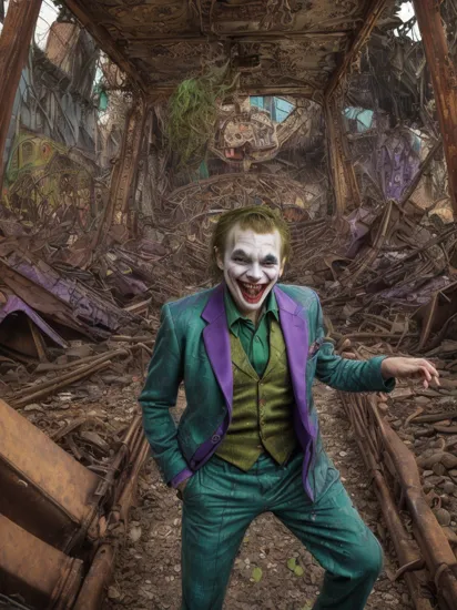 ((ultra intricate details, digital art style, airbrushed)),  ((upper body portrait)), (The Joker:1.1) hysterically laughing in an abandoned amusement park at night, (hysterics, evil eyes, terrifying anger, green hair:1.1), (purple suit:1.3), (dilapidated stalls, (rust:1.1), wrecked roller coaster:1.2), (rubbish, rubble:1.1)