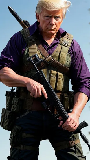 Hawkeye Donald Trump, his bow drawn, eyes narrowed in concentration. Clad in purple, his sharpshooter's attire is functional yet iconic, every inch the marksman, his quiver a testament to his readiness for any challenge.