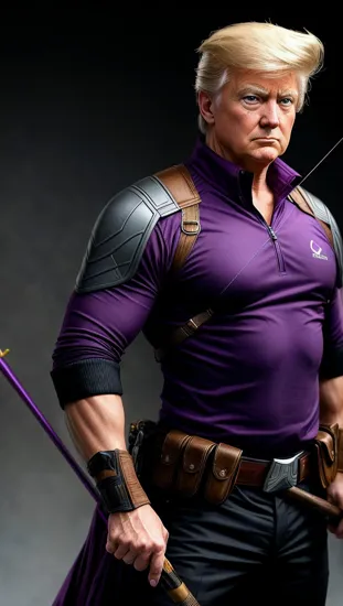 Hawkeye Donald Trump, his bow drawn, eyes narrowed in concentration. Clad in purple, his sharpshooter's attire is functional yet iconic, every inch the marksman, his quiver a testament to his readiness for any challenge.