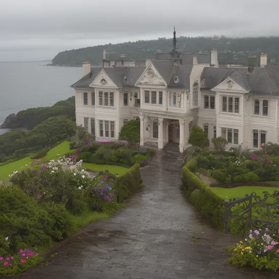 Dramatic photograph, view of an ocean-front estate in the rain, wet ground, puddles,  white trim, wall of windows, towering chimneys, ornate columns, patio, stone work, steps down to the ocean, architectural masterpiece,  coastal Maine, scenic vistas, sailboat in the distance, wild flowers, volumetric mist, early morning, dew, fog, wet ground, after the rain,  inspiring