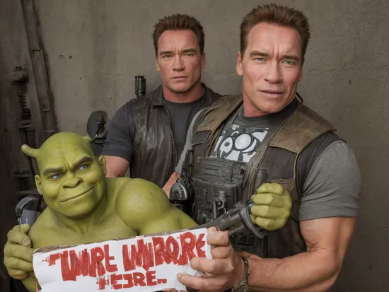 Photo of Terminator Shrek Arnold Schwarzenegger with a sign that says "I'll be Shrek"