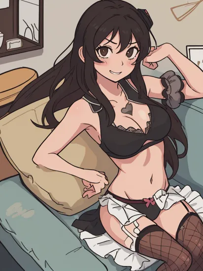 masterpiece, best quality, , 1girl, jasmine \(senran kagura\), senran kagura, long hair, black hair, brown eyes, collarbone, breasts, huge breasts, large breasts, blush, grin, happy, v-shaped eyebrows, naughty face, facing viewer, looking at viewer, pov, sitting, couch, on couch, bedroom, indoors, simple background, dated, cowboy shot, solo, solo focus, dutch angle, leaning, leaning back, lingerie, black bra, black panties, fishnets, fishnet thighhighs, fishnet pantyhose, feet out of frame, spread legs, frilled bra, frilled panties, arm up, (hand on own chest:1.5),