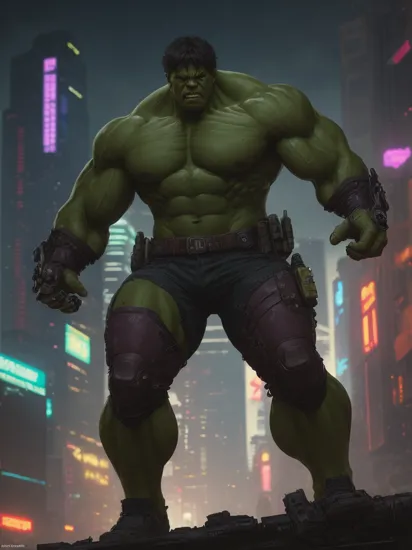 Hulk, reimagining in a cyberpunk universe, cyberpunk style, augmentation, cinematic scene, hero view, action pose, beautiful 8k, masterpiece, best quality, high quality, absurdres