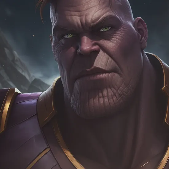 handsome face Thanos, high quality, masterpiece, 8k, hyper realism, dark scary background
