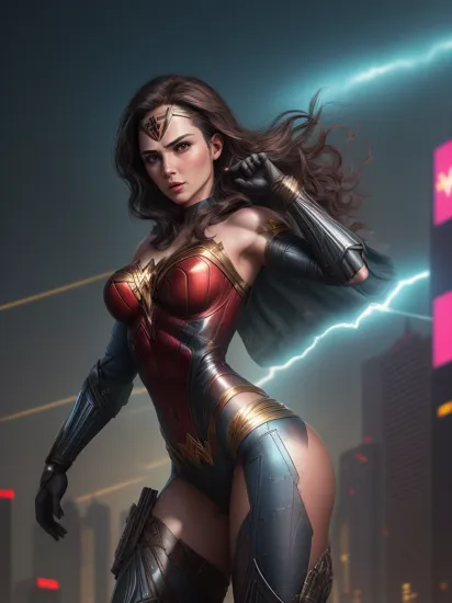 In a dystopian future, Wonder Woman, adorned in (sleek:1.3) cybernetic armor, stands tall amidst the neon-lit cityscape. Her (glowing:1.4) lasso of truth crackles with electric energy, symbolizing her unwavering resolve. With (enhanced:1.2) strength and agility, she fights against the oppressive forces of a technocratic regime, embodying the spirit of rebellion. Surrounded by a backdrop of towering skyscrapers and flickering holographic billboards, Wonder Woman becomes a beacon of hope in this cyberpunk world, inspiring others to rise against injustice. majestic wings, masterpiece, best quality, high quality, absurdres, detailed background