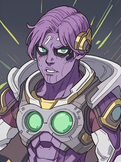  Thanos borg, cyborg, eyepatch, white background, purple skin, gold armor, glowing green, 