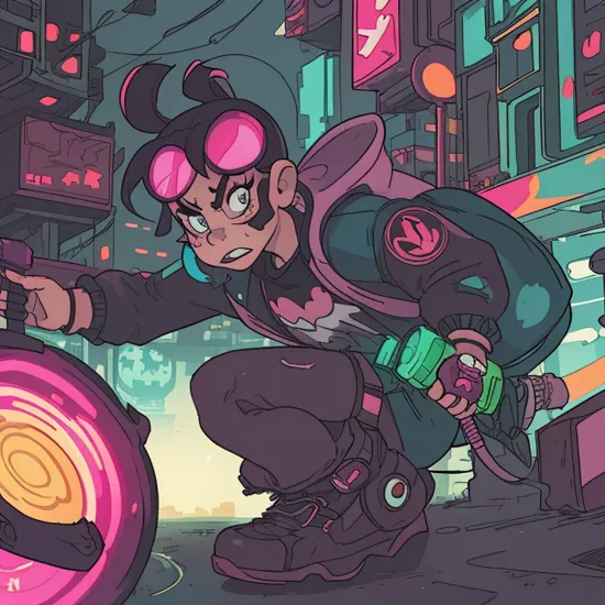 cyberpunk mickey mouse, looking at the camera, angry, neon colors, dystopian background, cityscape 