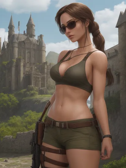 lara croft wearing sun-glasses in front of a relaxing castle, realistic skin, detailed face and eyes, dystopian, fascinating, sooty, emotional, precise lineart, vintage, photorealism, studio quality, sharp focus, HQ, digital illustration, raytracing, trending on artstation, masterpiece, hyperdetailed, ambient occlusion, professional, 8k, highres  