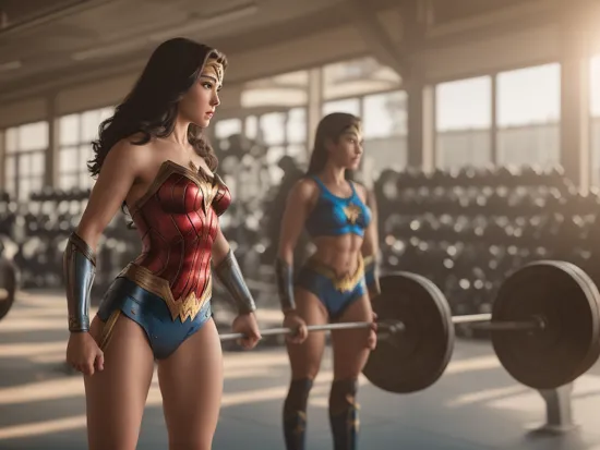 DC movies,full body,photo of a 18 year old girl,wonder woman,having a workout at the gym,(((barbell))),happy,ray tracing,detail shadow,shot on Fujifilm X-T4,85mm f1.2,sharp focus,depth of field,blurry background,bokeh,,