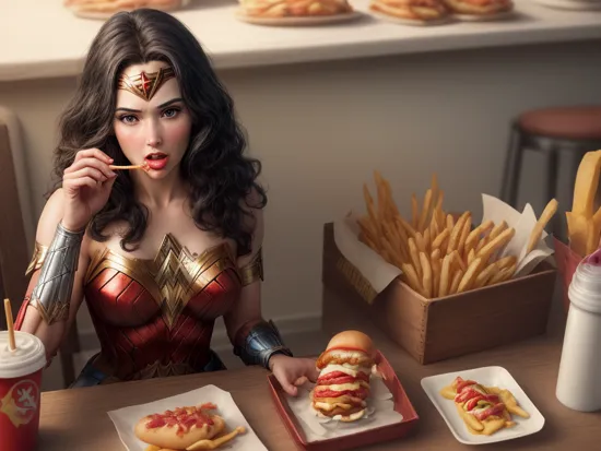Wonder Woman eating a hot dog and fries, (masterpiece, stunning, high details:1.2), detailed and intricate, intricate details, high intricate details, absurd amount of details, absurdres,high resolution, VFX, (Volumetric Lighting, Volumetric Light, Volumetric, Natural Lighting)  
