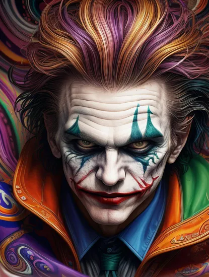 Psychedelic style, the joker, Vibrant colors, swirling patterns, abstract forms, surreal, trippy