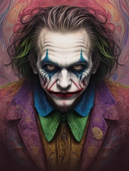 Psychedelic style, the joker, Vibrant colors, swirling patterns, abstract forms, surreal, trippy