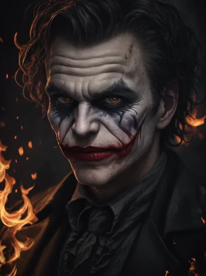 dark and gloomy, 8k, a close up photo of the joker with flames behind him , lifelike texture, dynamic composition, Fujifilm XT2, 85mm F1.2, 1/80 shutter speed, (bokeh), high contrast 