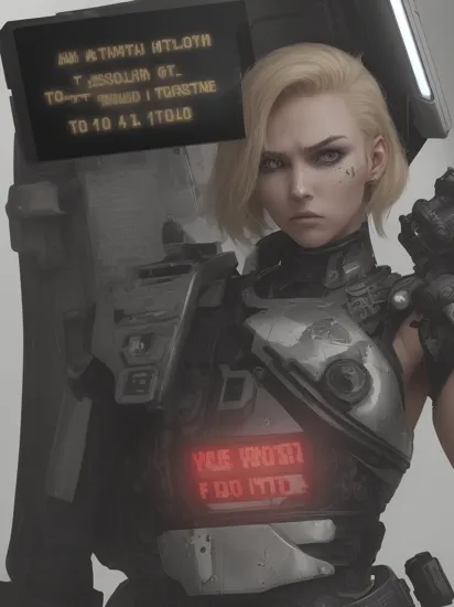 18-year-old woman, damaged terminator, ((holds the text of the inscription in front of him: "404")), (((futuristic portable digital screen with the inscription "Page 404 not found": 1.4))), ((labeled text reads "404")), nameplate, (holding sign:1.1), (futuristic portable digital screen with the inscription: "Page 404 not found":1.4", labeled text reads:"404"), nameplate, with damaged scalp, (hi-top fade: 1.3), (one eye is replaced by a video camera), skin is torn, metal parts are visible, blonde hair, (a look from under the eyebrows, the camera in the empty eye socket glows bright red), , (best quality, masterpiece, beautiful and aesthetically pleasing: 1,2, colorful, dynamic angle, stunning details of a photo of a perfect beautiful girl 1 in a post-apocalyptic style, face in high resolution, smoothing, FXAA, no noise, post-production, insanely detailed and confusing, ultra-detailed noir-style color scheme, 16k resolution, full body, stunning complex full-color portrait, partially cyborg, epic character composition, clear focus, natural light, subsurface scattering, ((short blond hair combed back, angry look, looks at you with malice, a look from under the eyebrows)), a well-defined, highly detailed terminator girl, partially preserved porcelain skin on the shoulders and body, metal parts are visible in the body (cracked porcelain skin, bullet holes),