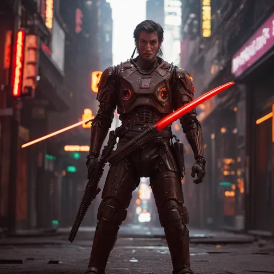 cinematic film still cyberpunk red neon,cyborg Abraham Lincoln holding a glowing katana,neon,robot limbs angry,wide_shot,cinematic_angle,building_ruins red neon, . shallow depth of field, vignette, highly detailed, high budget, bokeh, cinemascope, moody, epic, gorgeous, film grain, grainy