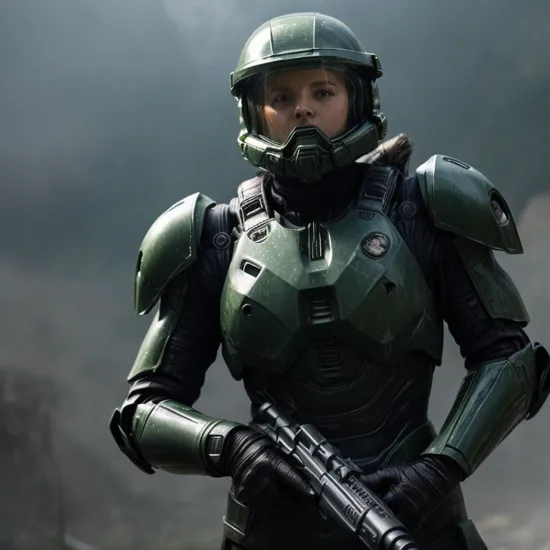 Dark Fantasy Art of cinematic film still of  
Epic Creative Scene a master chief woman in a green halo war suit holding a helmet Cinematic Hollywood Film Style, dark, moody, dark fantasy style