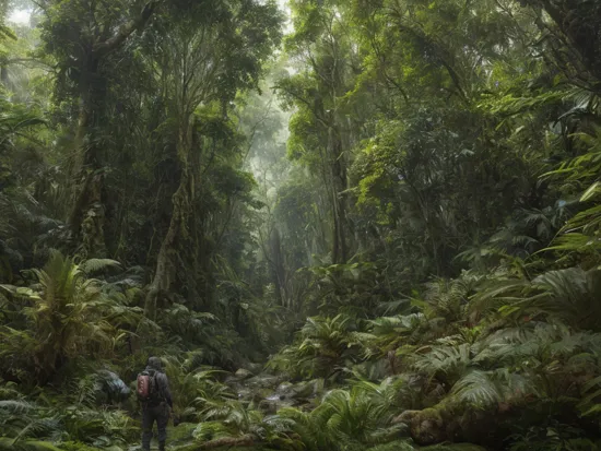 landscape photography of an explorer on a flourishing rainforest planet looking at an alien planet in background, photorealistic, scenery,absurdres,hyper realistic lifelike texture dramatic lighting unrealengine trending on artstation,award winning photo,nikon RAW photo,8k,masterpiece, best quality,  cinematic, detailed, realistic, 8k uhd, high quality