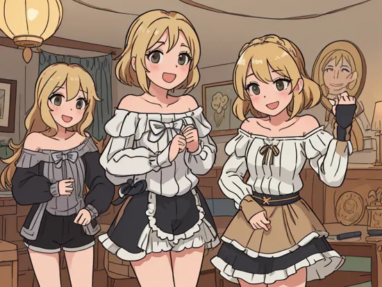 masterpiece, best quality, highres, hmfre, blonde hair, collarbone, off shoulder, striped sweater, long sleeves, sleeves past wrists, black shorts, idolmaster cinderella girls, , cowboy shot, living room, standing, smile, open mouth,