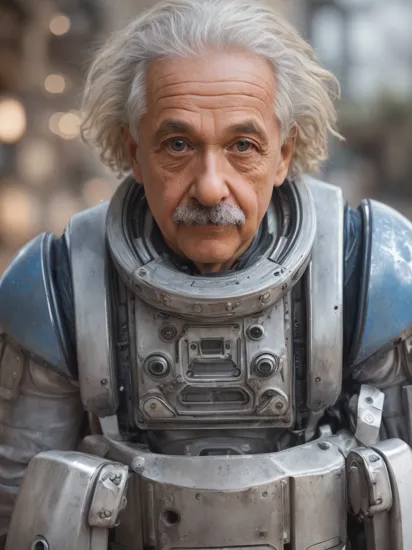 Commercial Photography Portrait photo of albert einstein in a white mech suit, ((light bokeh)), intricate, (steel metal [rust]), elegant, sharp focus, photo by greg rutkowski, soft lighting, vibrant colors, (masterpiece), ((streets)), (detailed face:1.2), (glowing blue eyes:1.1) , Commercial Photography, often for advertising, product shots, or business imagery.