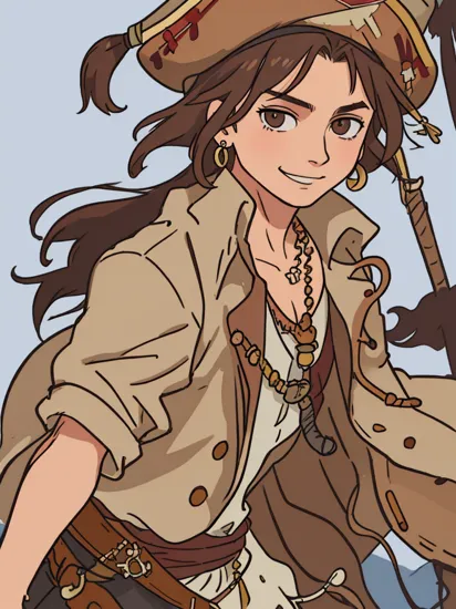 High Quality, Masterpiece, jack sparrow, brown eyes, hat, brown hair, earrings, jewelry, short hair,  , 1boy, mature male, solo, from side, smirk, fleeing,