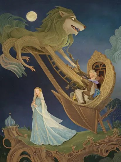 <lyco:KayNielsen:1.0> He took a long, long farewell of the Princess, and when he got out of the Giant's door, there stood the Wolf waiting for him,by Kay Nielsen, Picture book illustration, Art nouveau style,The Golden Age of Illustration, pure black background,large margin, exquisite decoration, A Rapunzel climbs a mountain under the starry sky to chase the moon