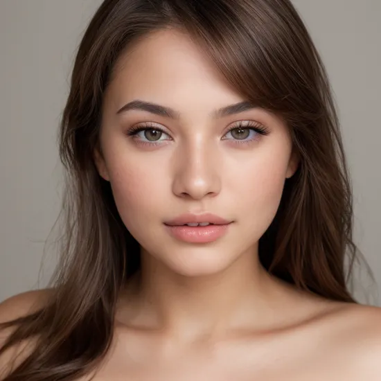 Professional portrait photography of the face of a beautiful girl with (glossy nude lips) with brown eyes, Nikon Z9, looking at the camera, realistic matte skin, highly detailed, skin texture visible