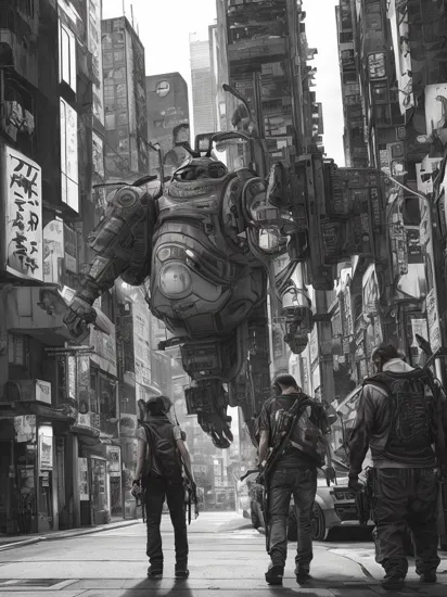 Anime Art, Totoro as the Terminator, holding a shotgun, cyberpunk 2077 cityscapes, black and white drawing