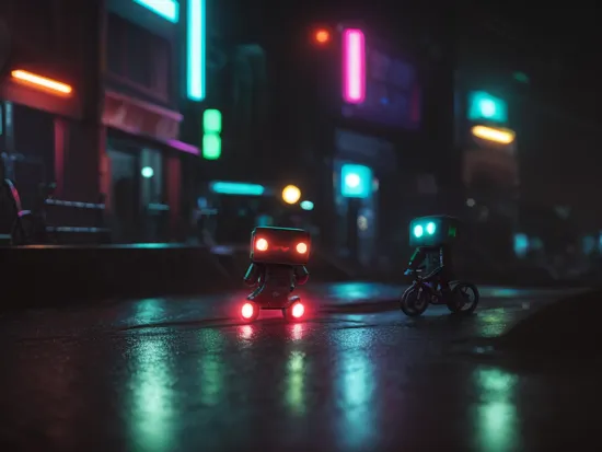 neon noir Danbo as the terminator t800 driving a mini bmx, in a skatepark,  . cyberpunk, dark, rainy streets, neon signs, high contrast, low light, vibrant, highly detailed