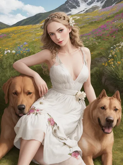 fashion photography, studio photography, naked heidi sitting next to a big dog ,  flower-adorned braids, fake Swiss Alps painted landscape in the backgound,radiant woman embodying the spirit of Heidi, accentuating her natural beauty and joy, set against a background of alpine flowers, illuminated by warm sunlight, shot at eye level with a high-resolution mirrorless camera, inspired by the timeless elegance of Richard Avedon.