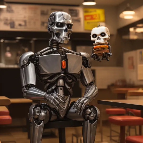 masterpiece, a terminator(endoskeleton), sitting alone in the burger shop,
holding a hamburger, mouth open