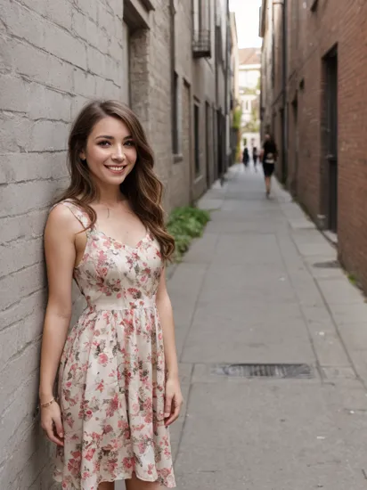 woman looking into the camera, natural lighting, wide angle, eyeliner, makeup, standing in an alley, (street photography), blurry background, full body, floral dress, smiling 